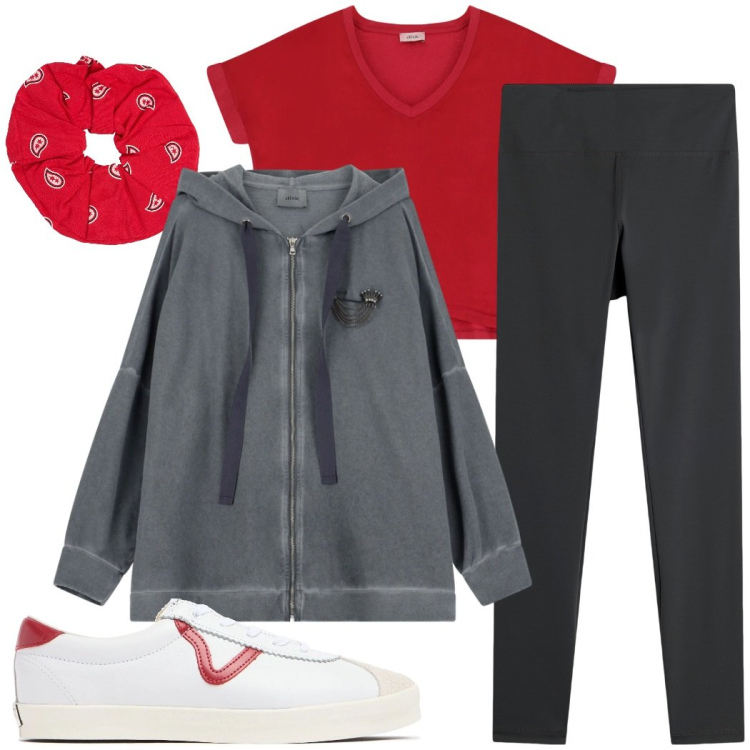 Outfit donna - Pomeriggio pigro. Stile Sporty chic per Tutti i giorni. Abbinamento con leggings, felpe con cappuccio, t-shirt, accessori per capelli, sneakers.