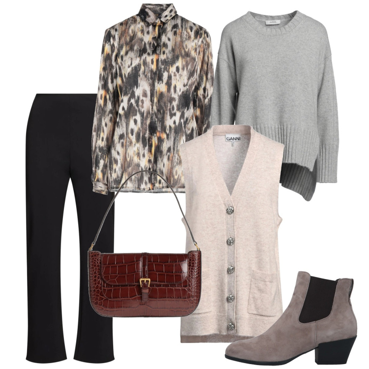 Outfit donna - Moda e layering. Stile Chic per Tutti i giorni. Abbinamento con stivaletti chelsea, camicie, cardigans, borse a mano, pullovers, pantaloni.