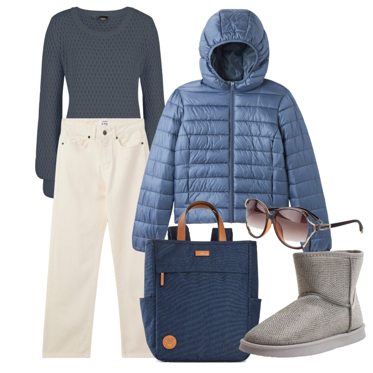 Outfit donna - Freddo e sole. Stile Casual per Tutti i giorni. Abbinamento con occhiali da sole, maglieria, zaini, stivali, blazer, pantaloni.