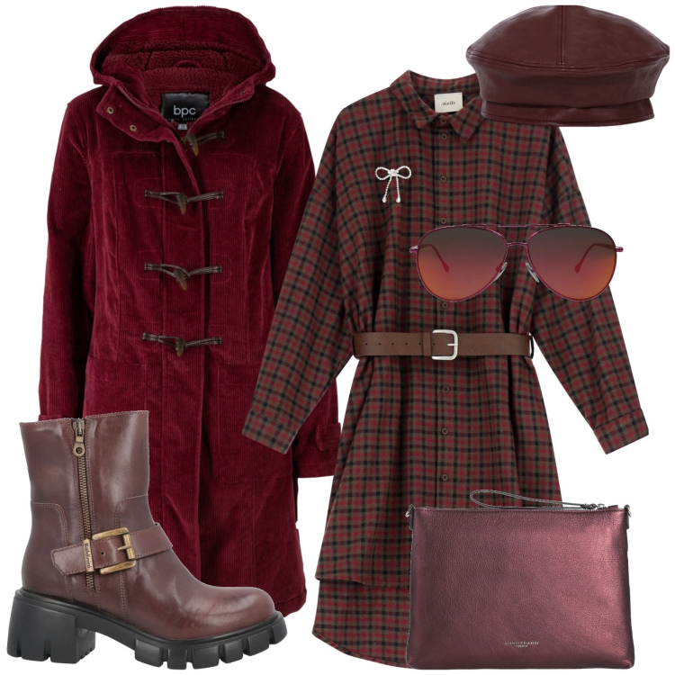 Outfit donna - Bordeaux. Stile Trendy per Tutti i giorni. Abbinamento con montgomery, borse a mano, occhiali da sole, stivaletti, vestiti, cappelli e berretti.
