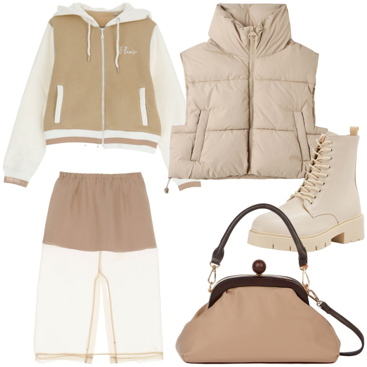 Outfit donna - Sporty chic. Stile Sporty chic per Tutti i giorni. Abbinamento con anfibi, piumini, felpe con cappuccio, gonne, clutch.