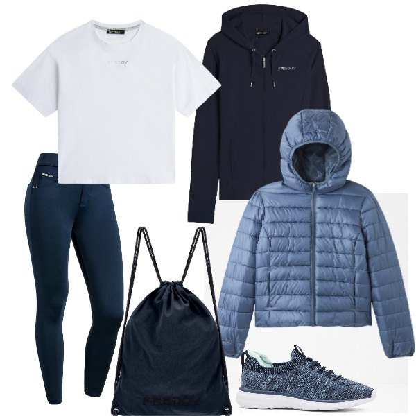 Outfit donna - Si torna in palestra. Stile Sporty chic per Sport. Abbinamento con sneakers, blazer, felpe sportive, pantaloni skinny, zaini, t-shirt sportive.