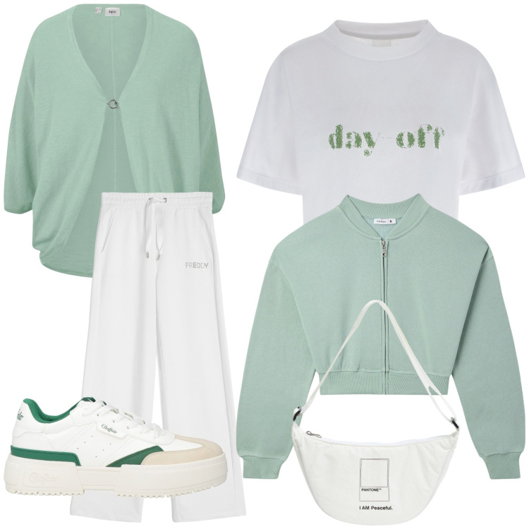 Outfit donna - Sporty soft. Stile Bon Ton per Tutti i giorni. Abbinamento con cardigans, sneakers, marsupi, bomber, pantaloni, t-shirt.