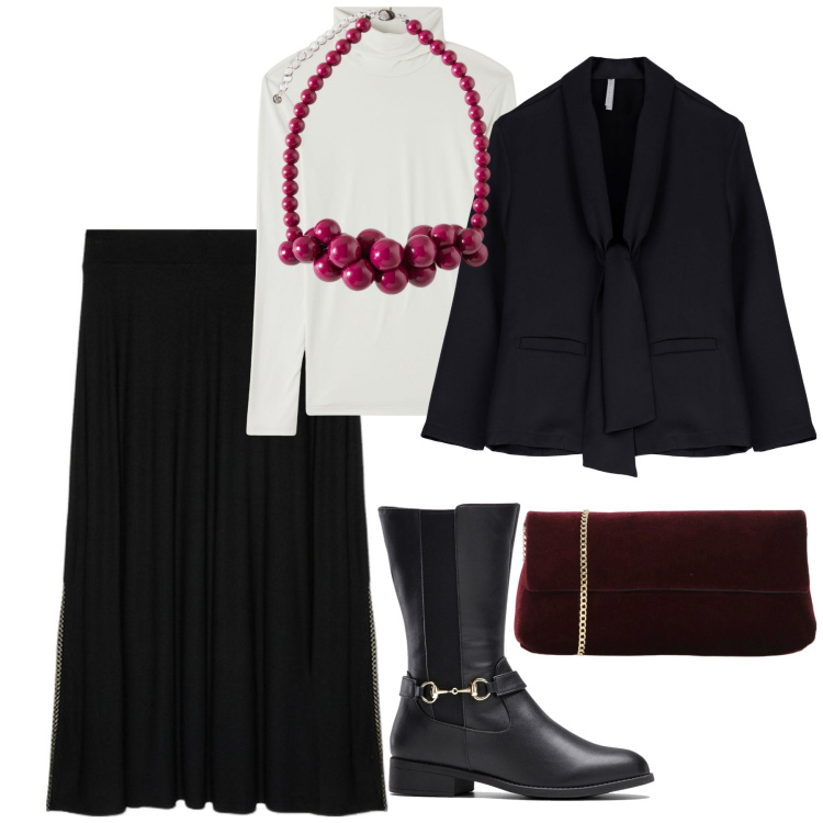 Outfit donna - Capi in saldo. Stile Chic per Ufficio. Abbinamento con stivali, maglieria, blazer, pochette, gonne lunghe, collane.