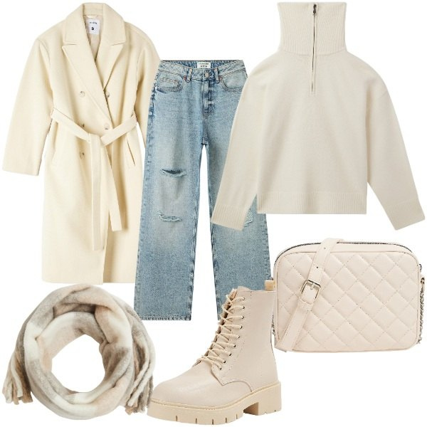 Outfit donna - Total look #2037119. Stile Casual chic per Tutti i giorni. Abbinamento con jeans strappati, cappotti, anfibi, maglieria, borse a tracolla, sciarpe.
