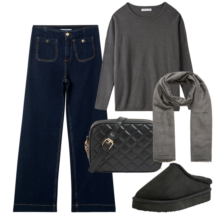 Outfit donna - Denim in saldo terranova. Stile Casual per Tutti i giorni. Abbinamento con borse a tracolla, sabot, maglieria, jeans, sciarpe.