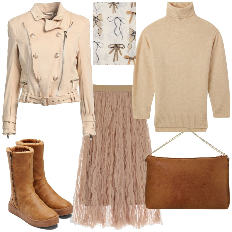 Outfit donna - A pranzo con le amiche. Stile Trendy per Tutti i giorni. Abbinamento con stivali, blazer, maglieria, sciarpe, gonne lunghe, pochette.