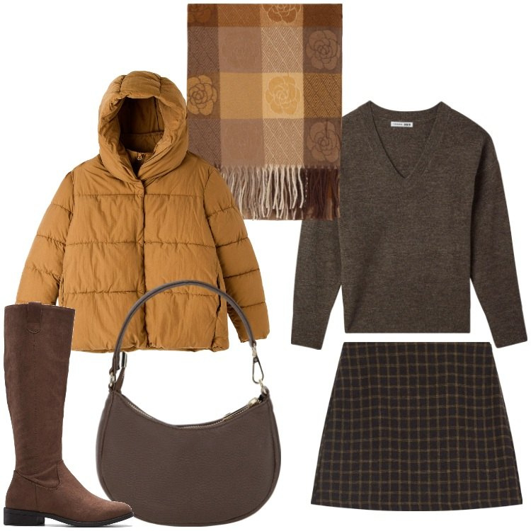 Outfit donna - Mini a quadretti. Stile Casual chic per Serata fuori. Abbinamento con stivali, piumini, maglieria, foulard, minigonne, borse a spalla.