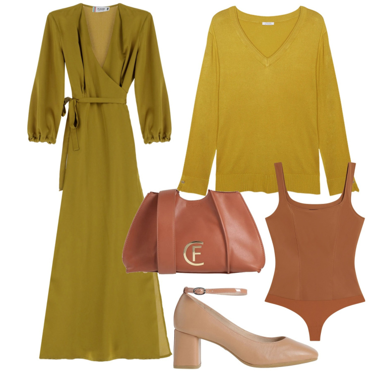 Outfit donna - Color senape. Stile Urban per Tutti i giorni. Abbinamento con borse a tracolla, décolleté, vestiti lunghi, body, maglieria.