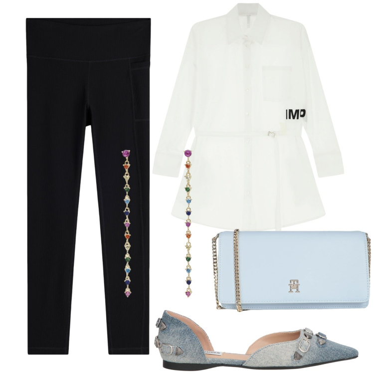 Outfit donna - Anticipazioni primaverili. Stile Trendy per Tutti i giorni. Abbinamento con ballerine, borse a tracolla, orecchini, camicie, leggings.