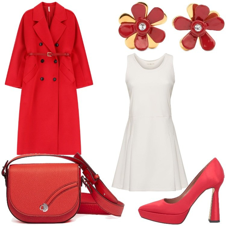 Outfit donna - Serata in rosso. Stile Chic per Serata fuori. Abbinamento con décolleté, cappotti, borse a tracolla, vestiti, orecchini.