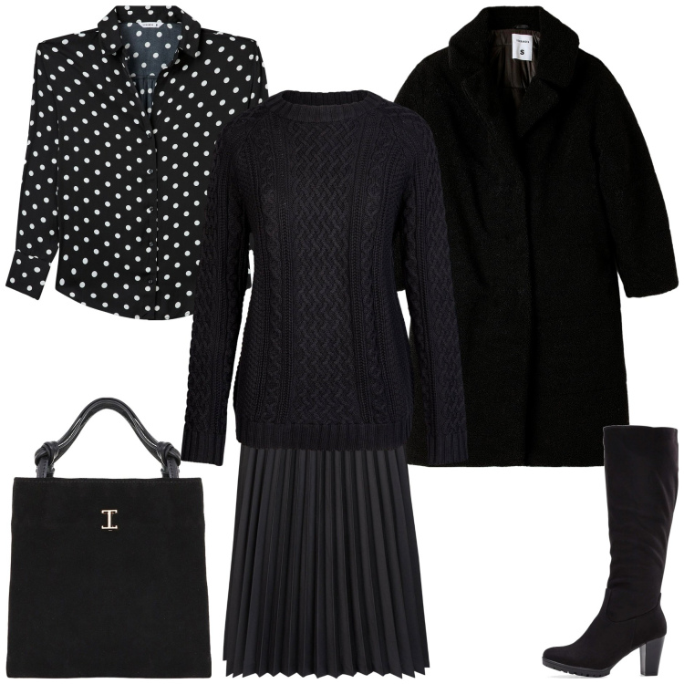 Outfit donna - Black layering. Stile Minimal per Tutti i giorni. Abbinamento con stivali, camicie, cappotti, shopping bag, gonne longuette, maglieria.