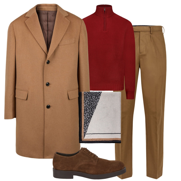 Outfit uomo - City. Stile Business/Elegante per Tutti i giorni. Abbinamento con sciarpe e foulard, cappotti, pantaloni, maglieria, scarpe stringate.