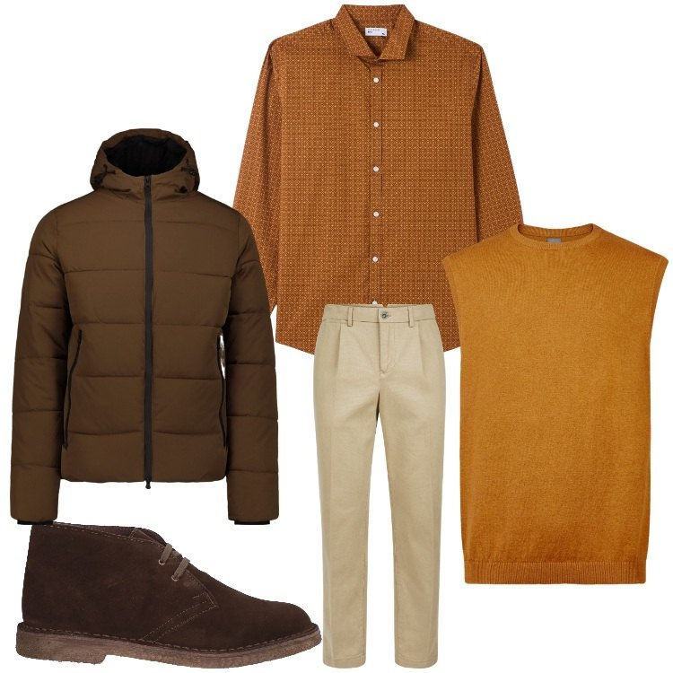Outfit uomo - Color ambra. Stile Casual per Ufficio. Abbinamento con stivali e stivaletti, camicie, piumini, gilet, pantaloni.