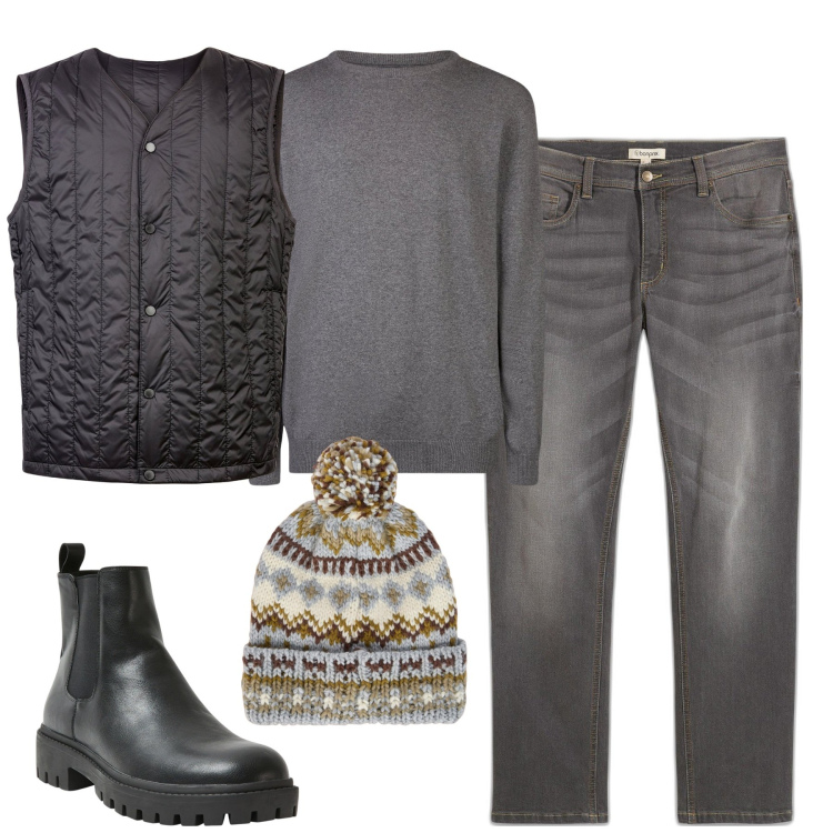 Outfit uomo - City. Stile Casual per Tutti i giorni. Abbinamento con jeans dritti, stivali e stivaletti, piumini, maglieria, berretti.