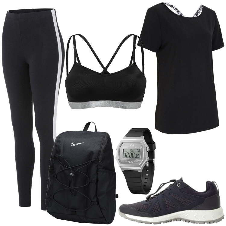 Outfit femme - Sport en salle. Style Sporty chic pour Sport. Assortir avec t-shirts de sport, legging, hauts de sport, chaussures de sport, montres analogiques, sacs de sport.