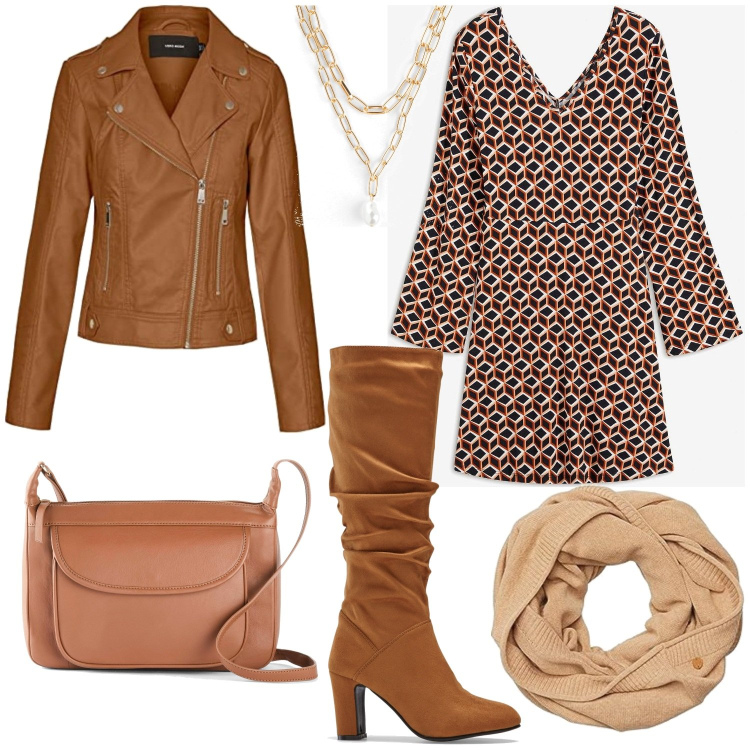 Outfit femme - Camel seventies. Style Tendance pour Tous les jours. Assortir avec sacs en bandoulière, robes, bottes, colliers, blazers, écharpes.