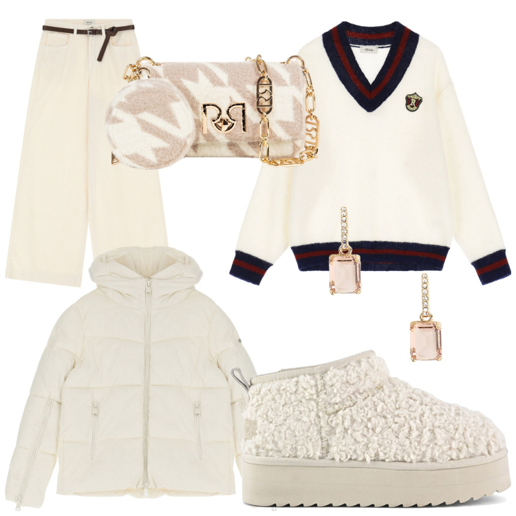 Outfit donna - Total look #2037189. Stile Casual chic per Tutti i giorni. Abbinamento con borse a tracolla, piumini, pullovers, pantaloni, orecchini, stivaletti.