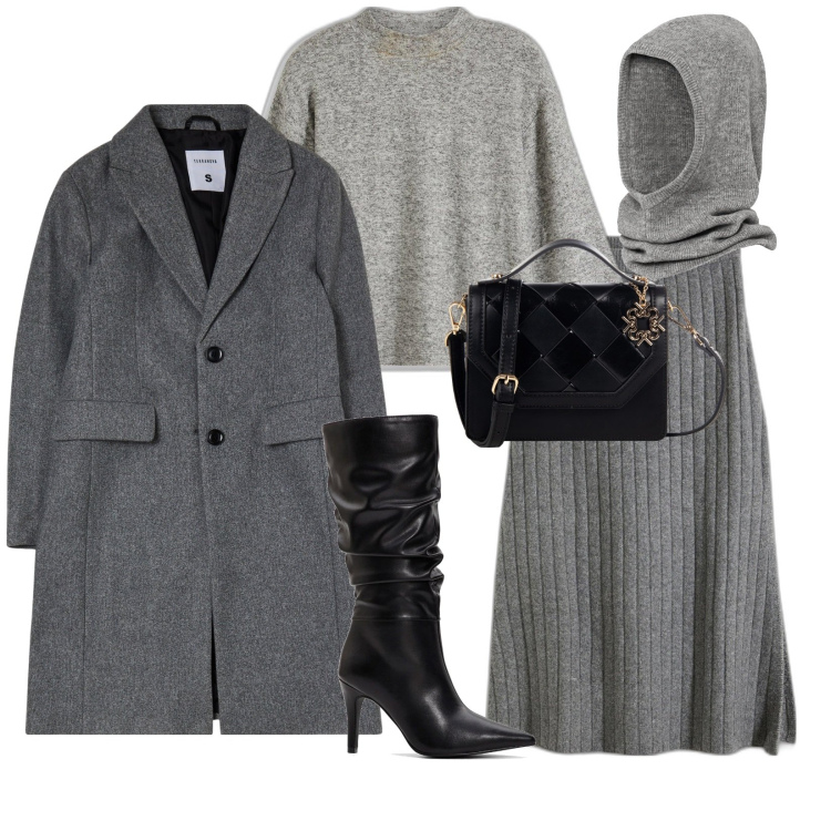 Outfit donna - Giornate grigie. Stile Casual chic per Tutti i giorni. Abbinamento con cappelli e berretti, gonne, maglieria, stivali, cappotti, borse a tracolla.