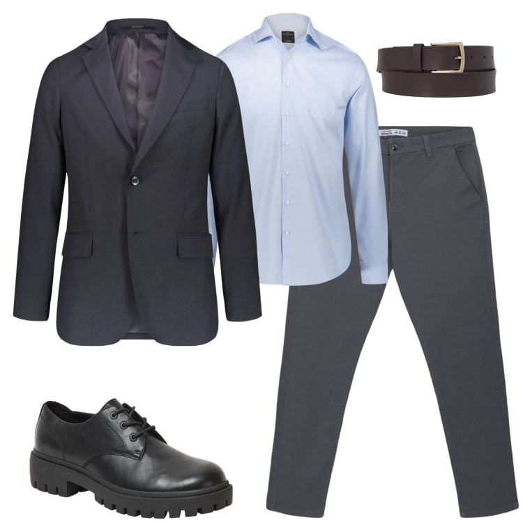 Outfit uomo - In ufficio. Stile Business/Elegante per Ufficio. Abbinamento con pantaloni chino, scarpe stringate, camicie, cinture, giacche.