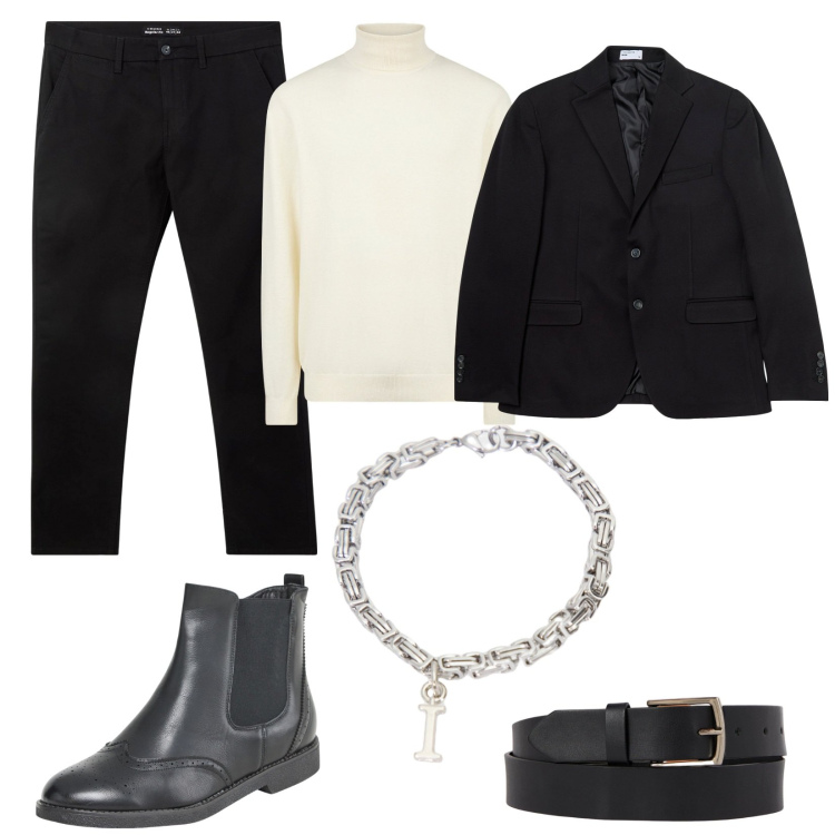 Outfit uomo - Casual chic per ufficio. Stile Casual per Ufficio. Abbinamento con stivali e stivaletti, pantaloni chino, giacche, braccialetti, maglieria, cinture.