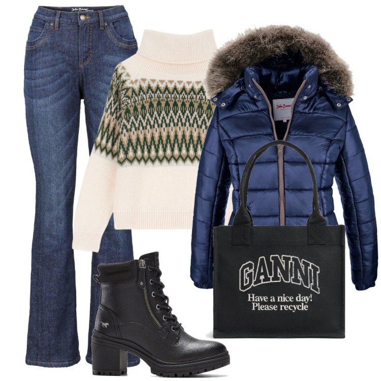 Outfit donna - Passeggiata anche al freddo. per Tutti i giorni. Abbinamento con piumini, jeans bootcut, stivaletti, maglieria, shopping bag.