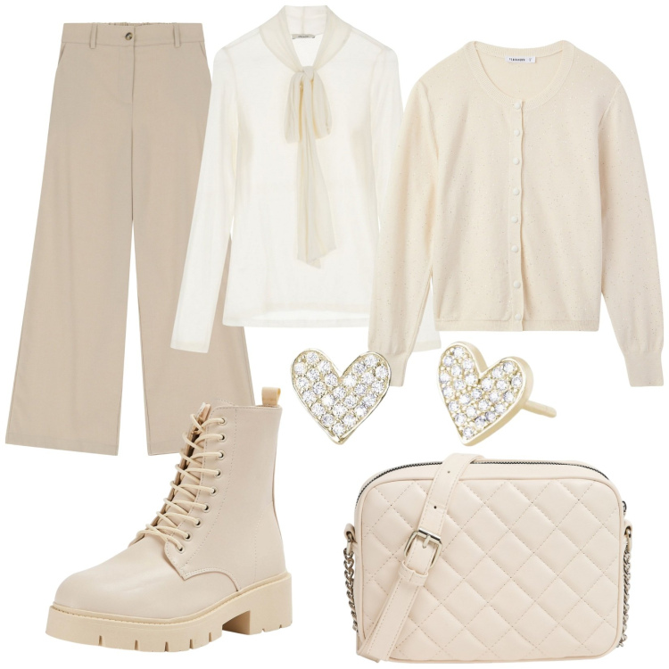 Outfit donna - Winter White. Stile Casual chic per Ufficio. Abbinamento con cardigans, anfibi, borse a tracolla, orecchini, pantaloni a palazzo, maglieria.
