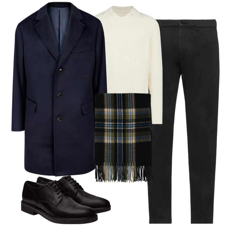 Outfit uomo - City. Stile Business/Elegante per Tutti i giorni. Abbinamento con pantaloni chino, sciarpe, scarpe stringate, maglieria, cappotti.