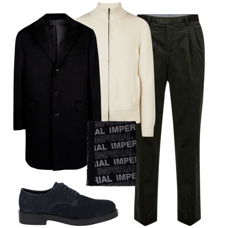 Outfit uomo - City. Stile Urban per Ufficio. Abbinamento con sciarpe, scarpe stringate, pantaloni, cardigans, cappotti.