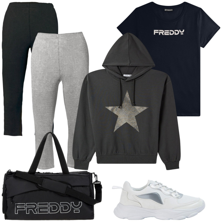 Outfit donna - Gennaio in palestra. Stile Basic per Sport. Abbinamento con leggings, sneakers, felpe sportive, borse sportive, t-shirt sportive.