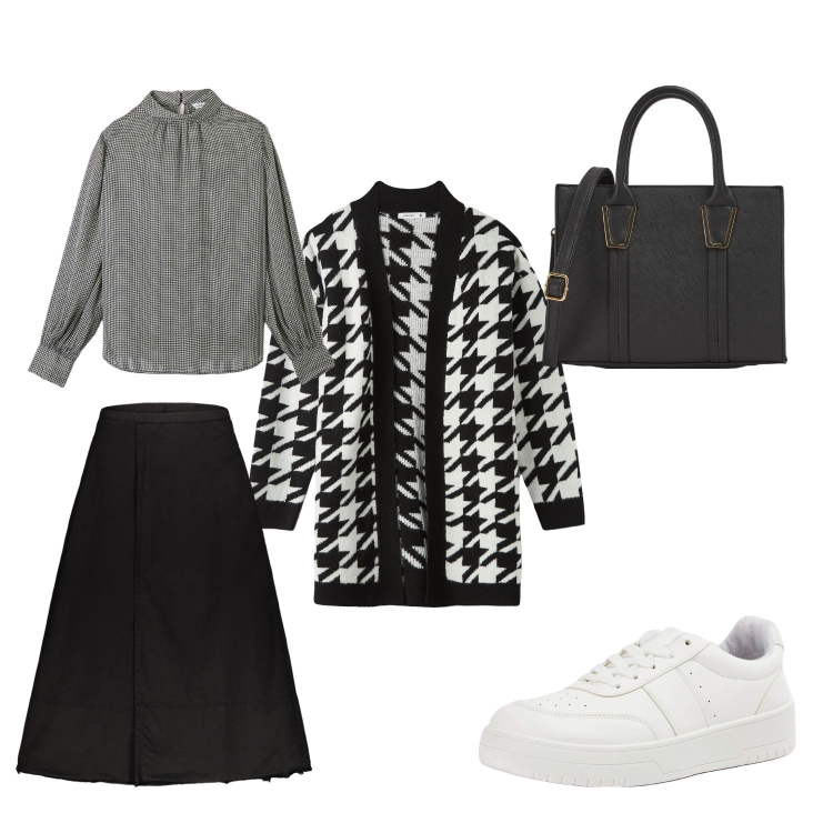 Outfit donna - On a budget. Stile Preppy per Tutti i giorni. Abbinamento con sneakers, shopping bag, bluse, cardigans, gonne lunghe.