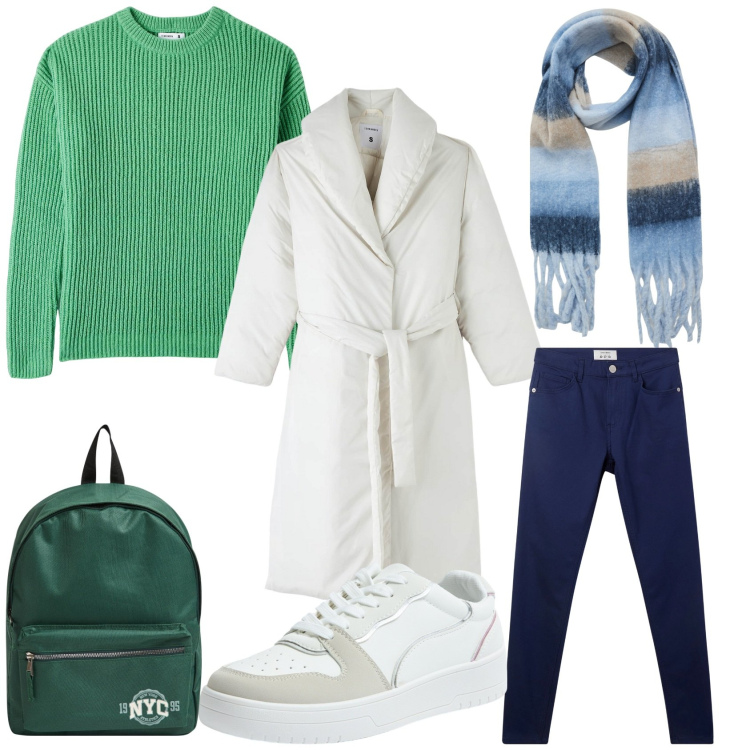 Outfit donna - Verde prato, bianco neve, azzurro cielo. Stile Basic per Tutti i giorni. Abbinamento con zaini, sciarpe, piumini, maglieria, sneakers, pantaloni.