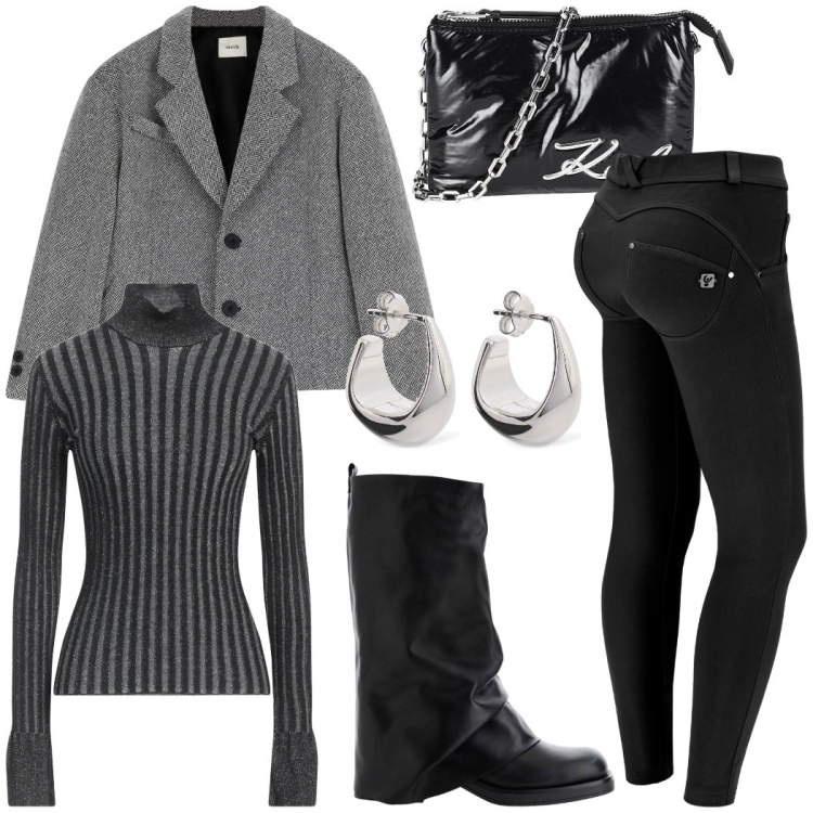 Outfit donna - Look grintoso. Stile Urban per Tutti i giorni. Abbinamento con borse a mano, maglieria, pantaloni skinny, blazer, stivali, orecchini.