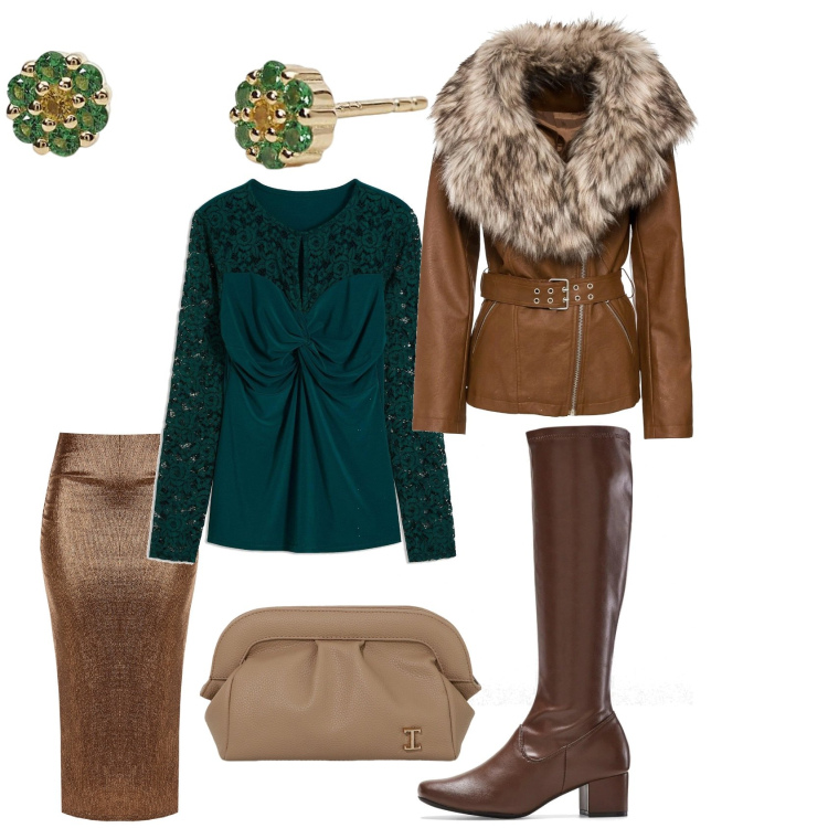 Outfit donna - Gonna lunga marrone. Stile Chic per Serata fuori. Abbinamento con stivali, blazer, maglieria, orecchini, vestiti a tubino, borse a mano.