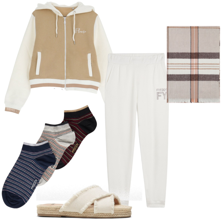 Outfit donna - Domenica sera in relax. Stile Basic per Tutti i giorni. Abbinamento con ciabatte, felpe con cappuccio, sciarpe, pantaloni, calzini.