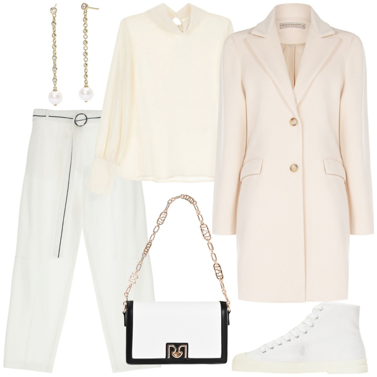 Outfit donna - Bianco totale. Stile Casual per Ufficio. Abbinamento con orecchini, cappotti, borse a tracolla, pantaloni, camicie, sneakers alte.