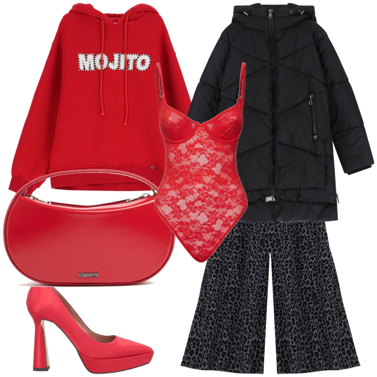 Outfit donna - Aperitivo in felpa. Stile Trendy per Serata fuori. Abbinamento con décolleté, piumini, felpe con cappuccio, pantaloni, body, borse a mano.