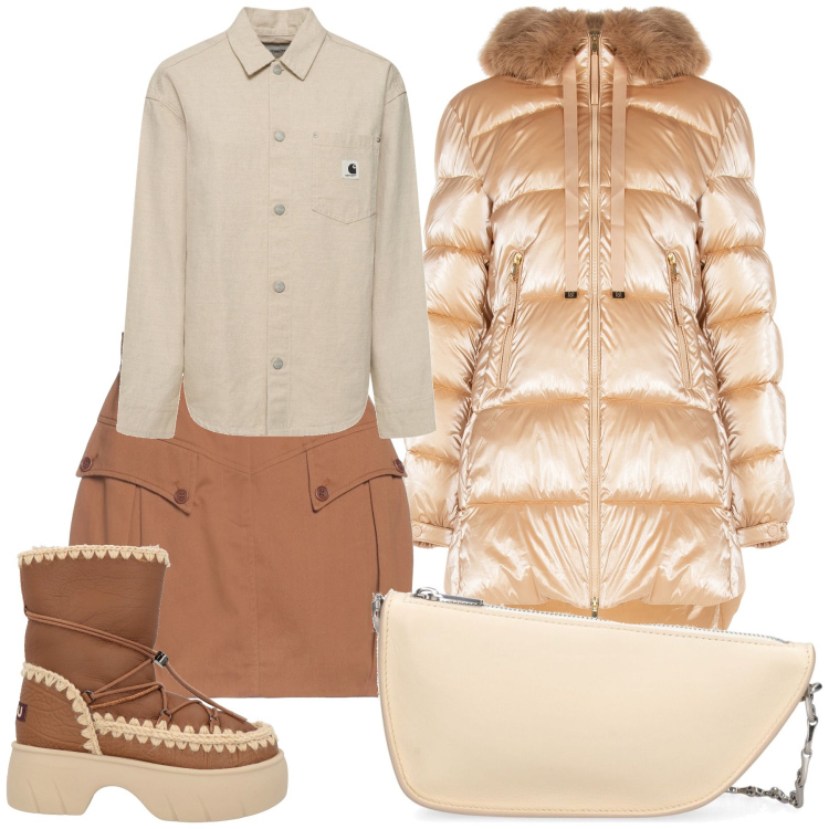 Outfit donna - Quando fa freddo. Stile Trendy per Tutti i giorni. Abbinamento con minigonne, stivaletti, piumini, camicie, borse a spalla.