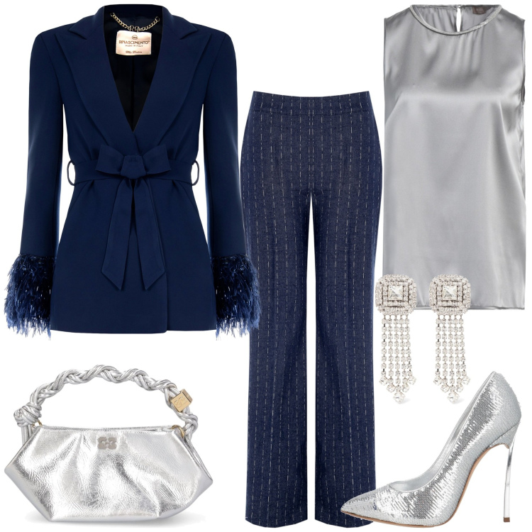 Outfit donna - Cerimonia a gennaio. Stile Chic per Cerimonia. Abbinamento con décolleté, top, pantaloni, blazer, orecchini, borse a mano.