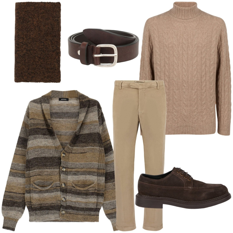 Outfit uomo - Casual chic per l\'ufficio. Stile Trendy per Ufficio. Abbinamento con cardigans, sciarpe, cinture, scarpe stringate, pantaloni, maglieria.