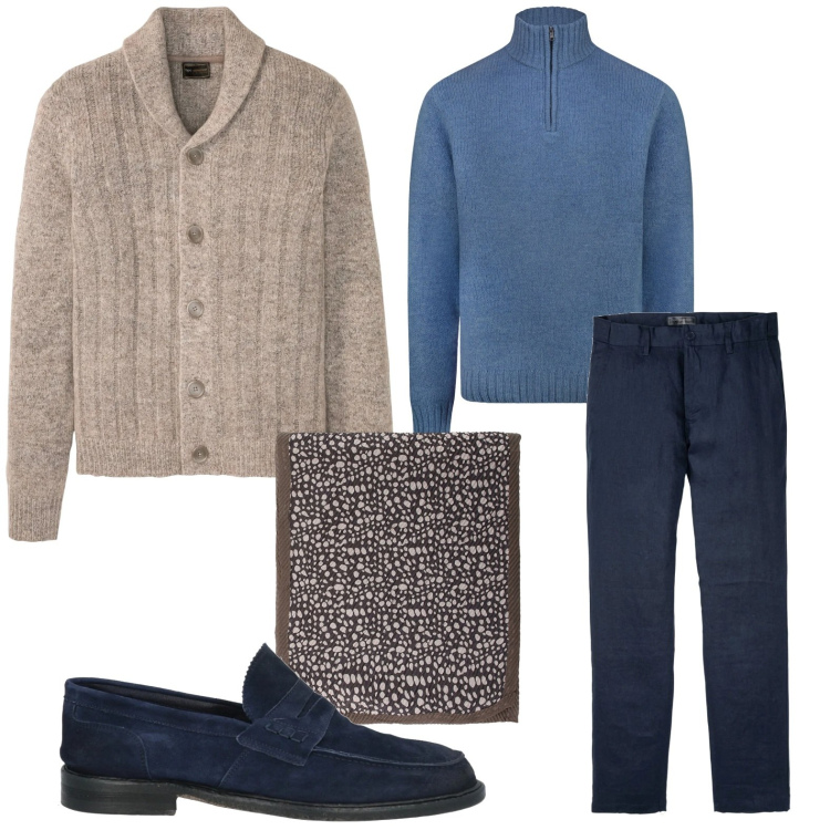 Outfit uomo - Casual chic per l\'ufficio. Stile Urban per Ufficio. Abbinamento con pantaloni, cardigans, scarpe stringate, sciarpe e foulard, maglieria.