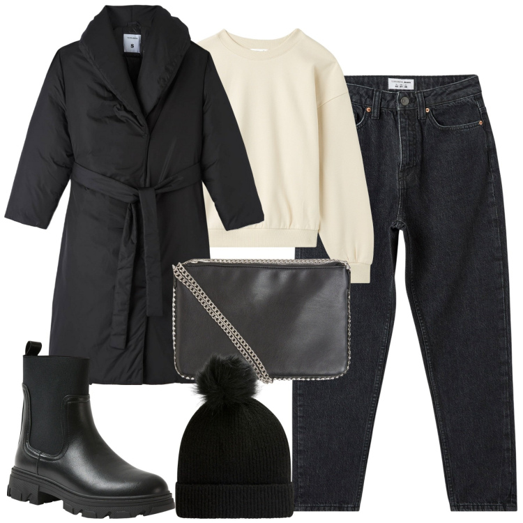 Outfit donna - City. Stile Urban per Tutti i giorni. Abbinamento con jeans mom, borse a tracolla, piumini, stivaletti chelsea, berretti, felpe.
