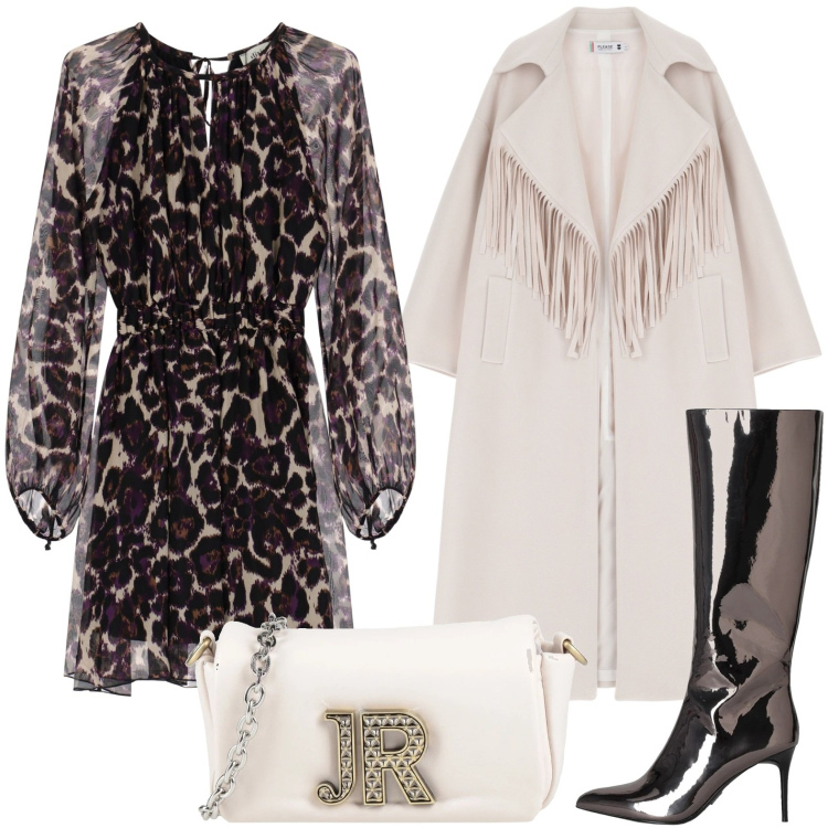 Outfit donna - Look grintoso. Stile Romantica per Serata fuori. Abbinamento con stivali, borse a tracolla, cappotti, vestiti corti.