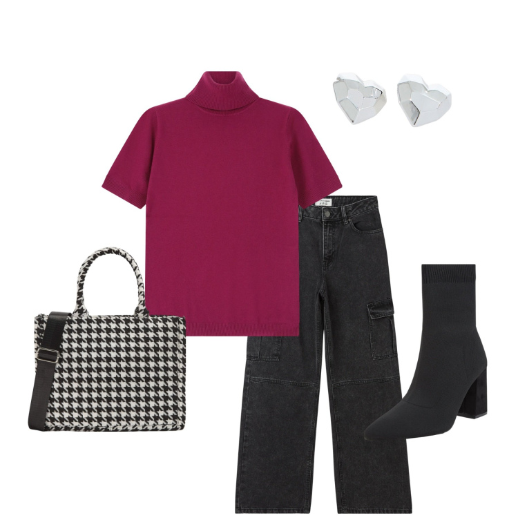Outfit donna - Borsa bianca e nera. Stile Glamour per Serata fuori. Abbinamento con jeans dritti, shopping bag, stivaletti, orecchini, maglieria.