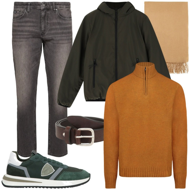 Outfit uomo - Total look casual. Stile Casual per Tutti i giorni. Abbinamento con sneakers, cinture, sciarpe, piumini, maglieria, jeans.