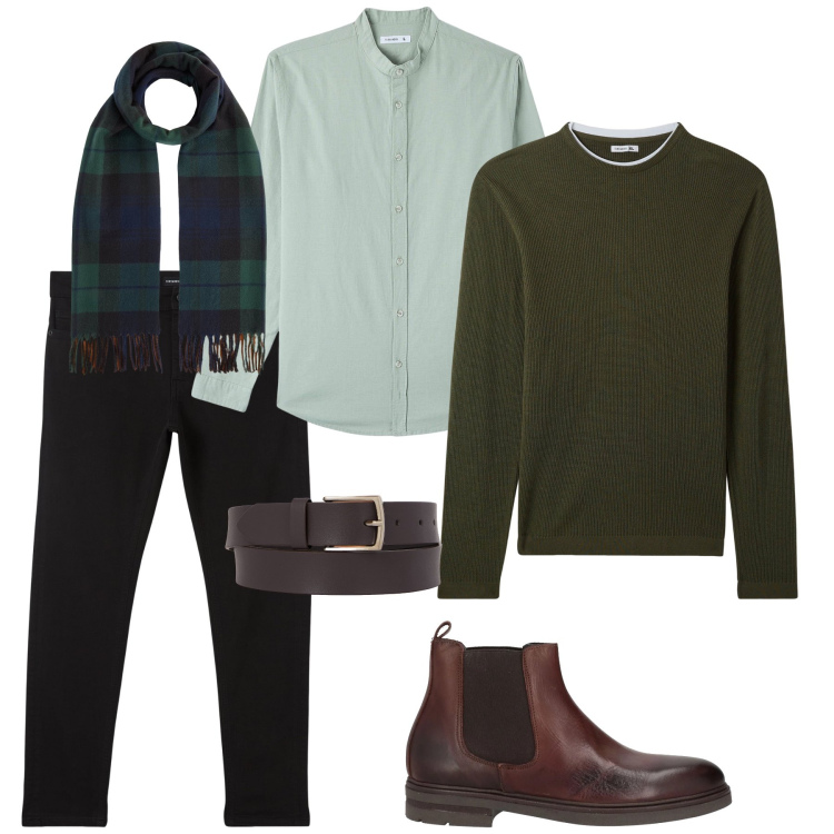 Outfit uomo - Saldi invernali. Stile Casual per Tutti i giorni. Abbinamento con stivali e stivaletti, camicie, pantaloni skinny, maglieria, cinture, sciarpe.