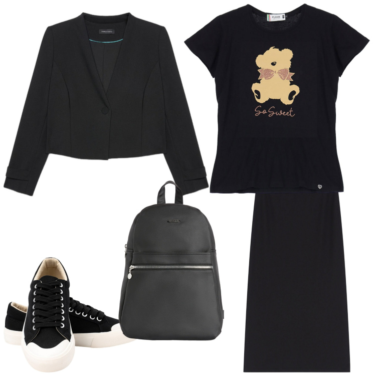 Outfit donna - Una t-shirt in inverno. Stile Sporty chic per Tutti i giorni. Abbinamento con t-shirt, gonne lunghe, zaini, sneakers, blazer.