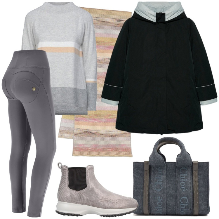 Outfit donna - Contro freddo e pioggia. Stile Urban per Tutti i giorni. Abbinamento con stivaletti, maglieria, pantaloni skinny, borse a mano, piumini, sciarpe.