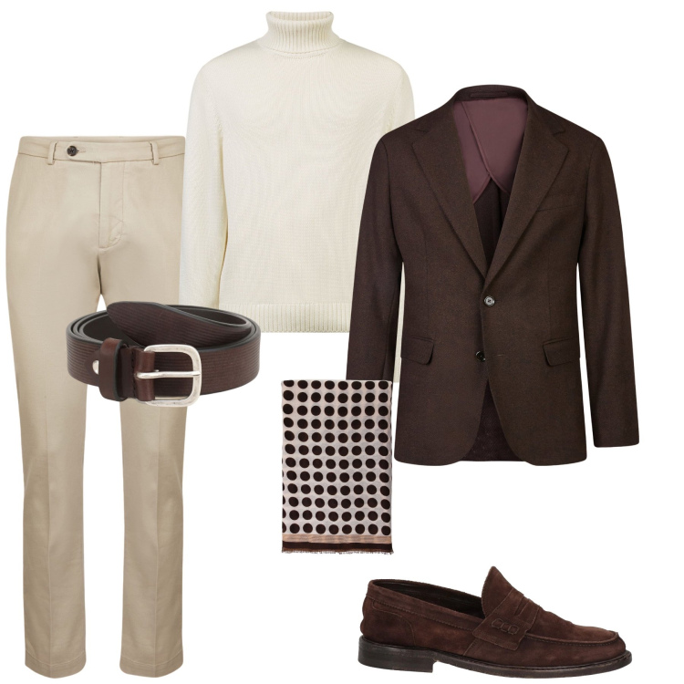 Outfit uomo - Raffinata eleganza. Stile Business/Elegante per Ufficio. Abbinamento con scarpe stringate, cinture, sciarpe e foulard, giacche, pantaloni, maglieria.