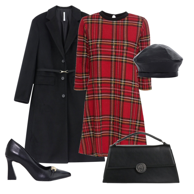 Outfit donna - Abito a quadri. Stile Bon Ton per Serata fuori. Abbinamento con vestiti corti, borse a mano, stivaletti, cappotti, cappelli e berretti.
